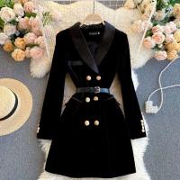 Elegante Vestido de Oficina Coreana Vintage Cuello en Capacha Doble Abotonadura Estilo Otoño-Invierno para Mujeres de Moda de Calle Principal - details 0