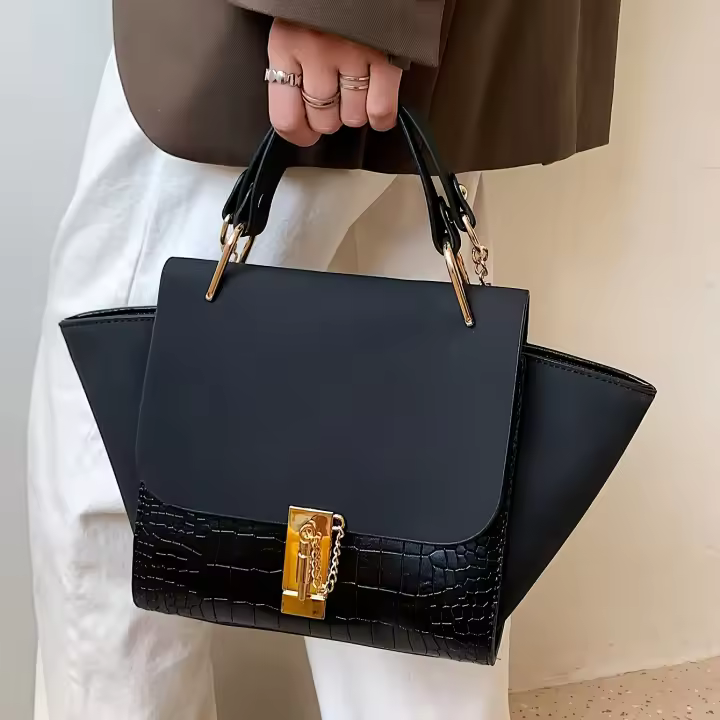 Bolso elegante de color caqui con detalles metálicos en tono dorado, cierre giratorio, forro de poliéster, bolso cruzado versátil para mujer - 1