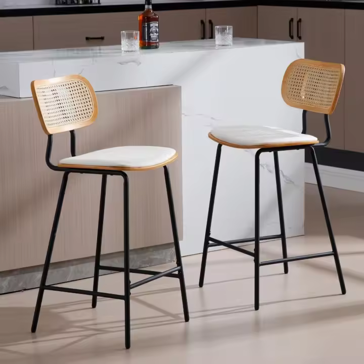 Juego de Sillas de Bar Modernas 2 Altas con Resalto de Ratán Taburetes de Cocina con Cojín de PU - 1