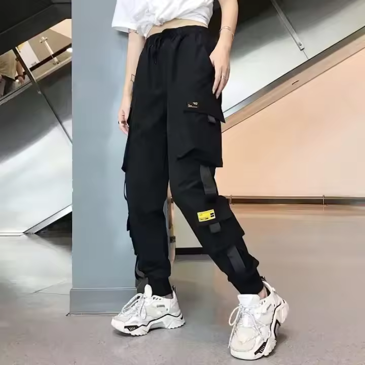 Ropa informal de cintura alta con bolsillo grande para mujer, pantalones tácticos sueltos, pantalones para correr de Hip Hop a la moda para mujer - 1