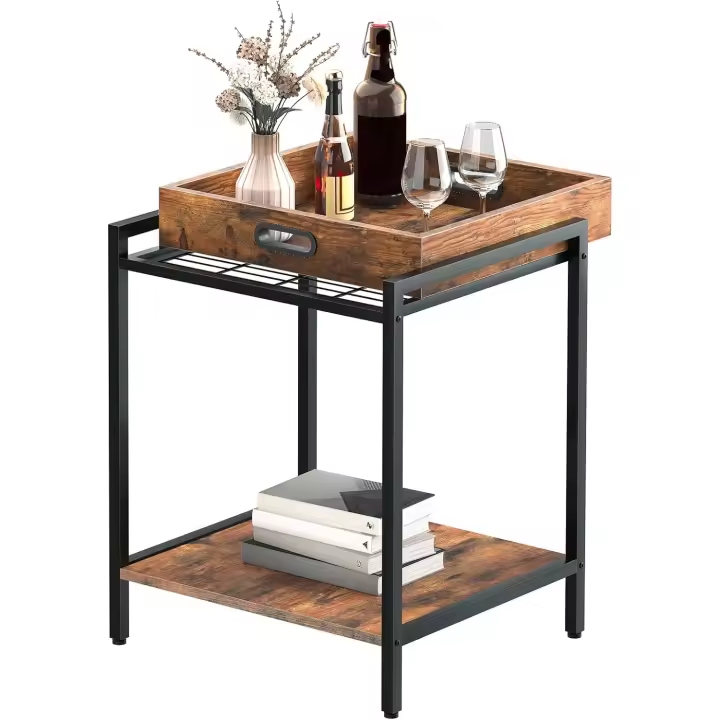 HOOBRO Mesa Auxiliar, Mesita Auxiliar de Sofá con Bandeja Extraíble y Estantes, Mesa con Bandeja para Aperitivos, Estilo Industrial, para Sala de Estar o Dormitorio, Estable, Marrón Vintage EBF45BZ01 - 1