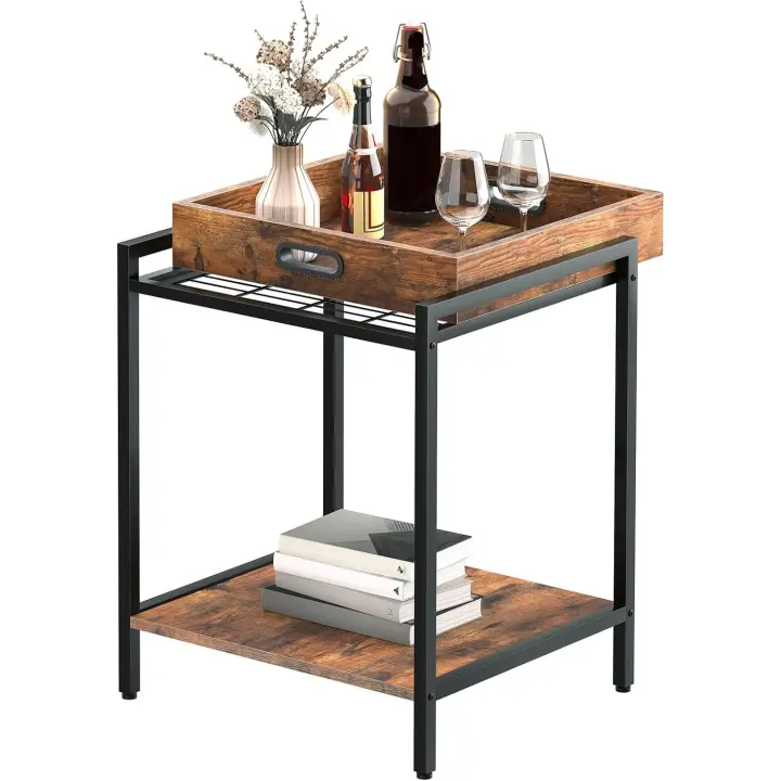 HOOBRO Mesa Auxiliar, Mesita Auxiliar de Sofá con Bandeja Extraíble y Estantes, Mesa con Bandeja para Aperitivos, Estilo Industrial, para Sala de Estar o Dormitorio, Estable, Marrón Vintage EBF45BZ01 - 1
