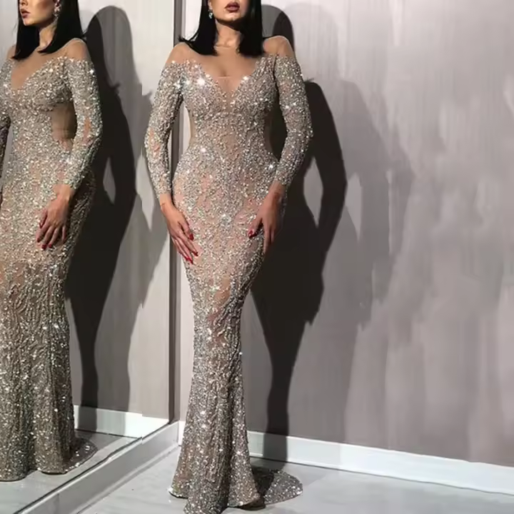 Vestido De Noche De Manga Larga Con Lentejuelas Para Mujer, Nuevo Estilo, 2021 - 1