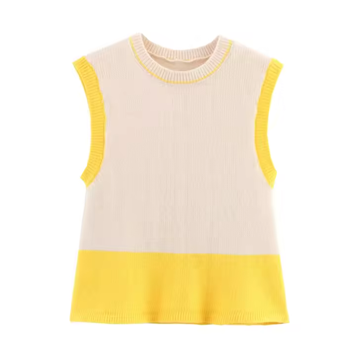 PB & ZA 2025, tops de punto simples y versátiles informales con cuello redondo sin mangas de color contrastante, novedad de verano, ropa para mujer - 1