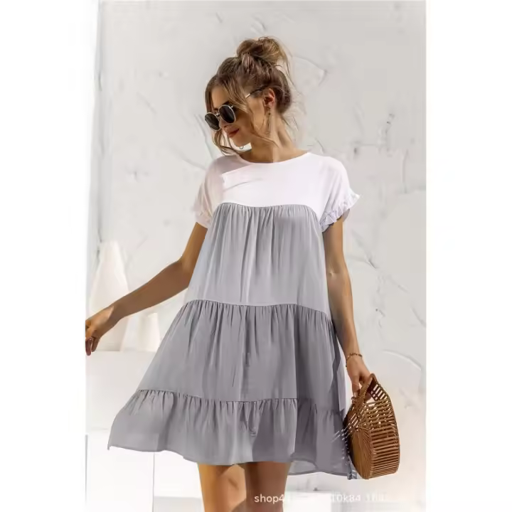 Vestido suelto con bloques de color, informal, con mangas con volantes, corte ajustado - 1