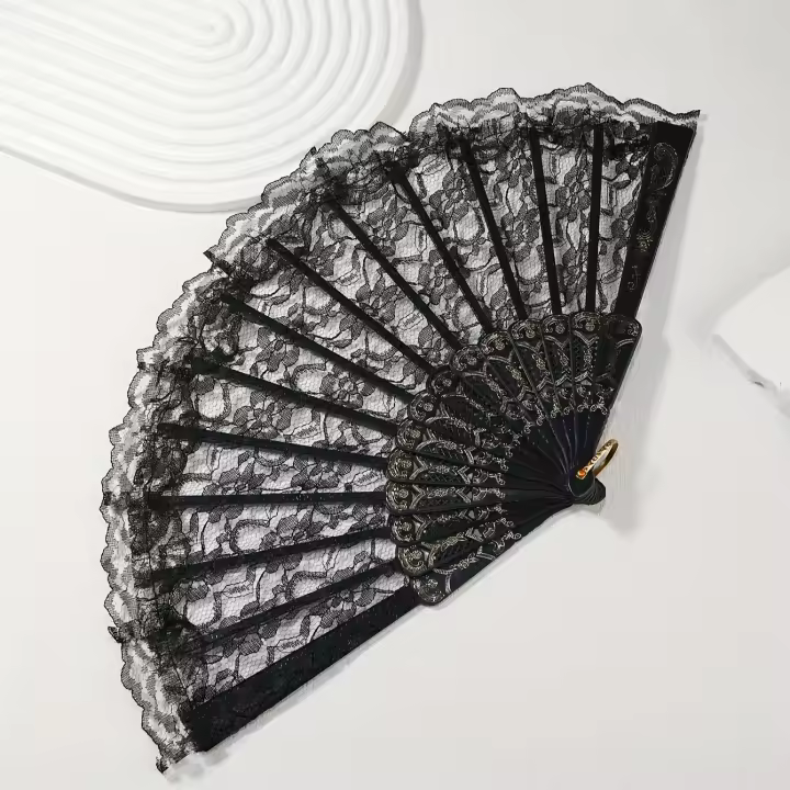1 abanico de encaje de estilo europeo vintage, elegante abanico de mano floral para mujer, accesorio de refrigeración portátil plegable para bodas, discotecas y eventos de cosplay, sin batería - 1