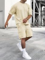 Tela transpirable] Conjunto de ropa deportiva beige para hombre: camiseta de poliéster con cuello redondo y pantalones cortos con cordón, lavable a máquina, comodidad de verano - details 19