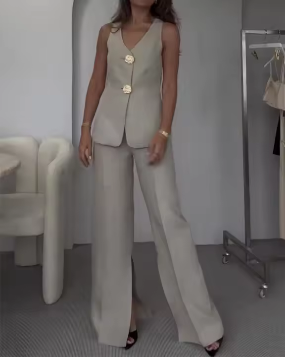 Conjunto de dos piezas para mujer de chaleco sin mangas con cuello en V y pantalones anchos de cintura alta - 1