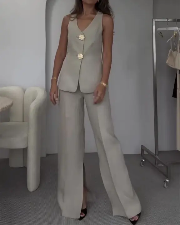 Conjunto de dos piezas para mujer de chaleco sin mangas con cuello en V y pantalones anchos de cintura alta - 1