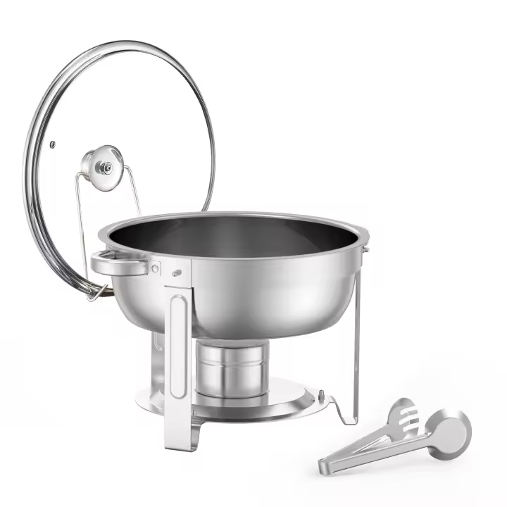SucceBuy Juego de buffet de platos de frotamiento de 5 cuartos, paquete de 4 chafer de acero inoxidable con sartenes de tamaño completo, servidor calentador redondo con tapa de vidrio y soporte de combustible para bodas, fiestas y banquetes - 1