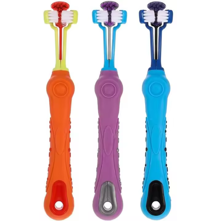 Cepillo de dientes para perros de 3 lados, 3 piezas, cepillo de dientes para mascotas, cuidado de los dientes para el mal aliento, sarro, para perros pequeños y grandes, gatos, limpieza de la boca (naranja, morado, azul) - 1
