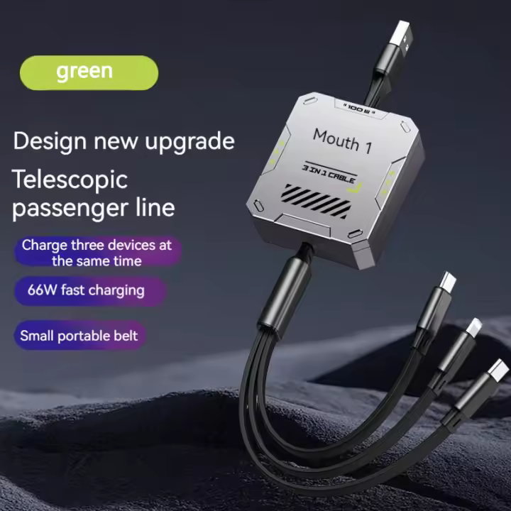 Cable de carga rápida estilo Mech, 3 en 1, 6A, 66W, Cable de carga retráctil portátil, línea de cargador tipo C, Micro USB para iPhone, Xiaomi, Huawei, Android - 1