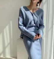 Elegante Conjunto de Falda de Punto Ouwu para Mujer Cardigan de Color Sólido, Cintura Alta, Ajuste Hip, 2 Piezas - details 5