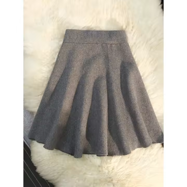 Faldas para mujer de punto con volantes Vintage sólido Casual faldas de cintura elástica elegante mujer A-Line faldas de cintura alta - 1