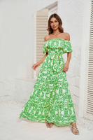 Vestido de temperamento con borde de volantes estampado con cuello de una línea de verano para mujer - details 2