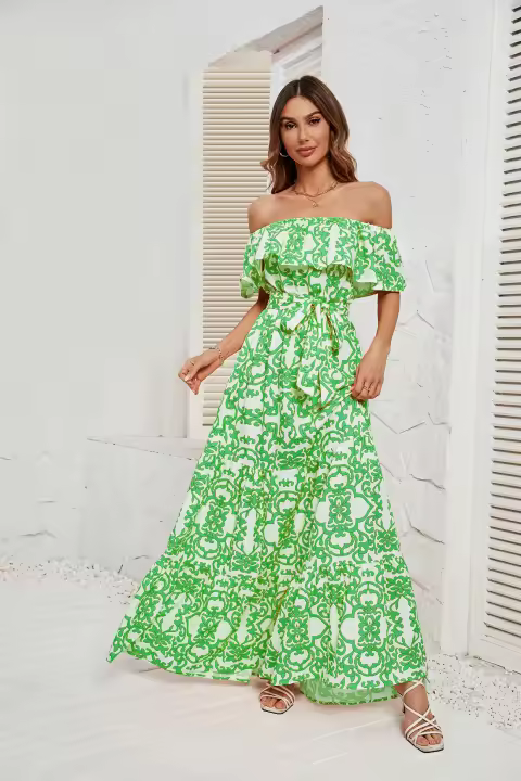 Vestido de temperamento con borde de volantes estampado con cuello de una línea de verano para mujer - 1