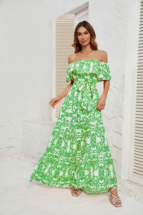 Vestido de temperamento con borde de volantes estampado con cuello de una línea de verano para mujer - 1