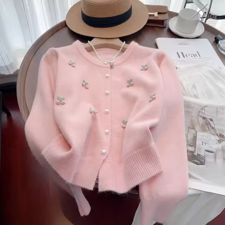 Cárdigan de punto coreano para primavera y otoño, suéter versátil francés dulce y suave con cuello redondo y glutinoso - 1