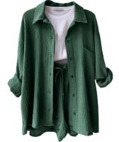 Conjunto de dos piezas para mujer, camisa de manga larga con cuello vuelto de tela arrugada, pantalones cortos con cordón de cintura alta, moda informal de talla grande - details 49