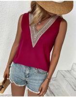 Blusa de encaje Parchwork para mujer, camiseta holgada con agujeros para verano, ropa de calle informal, Top sin mangas con cuello en V Lac - details 9