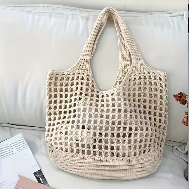 Bolso de mano para mujer para vacaciones en la playa Bolso de hombro de punto simple de gran capacidad - 1