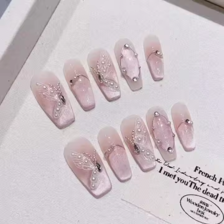 10 uñas adhesivas de ojo de gato rosa de bailarina francesa hechas a mano y juego completo de uñas postizas - 1