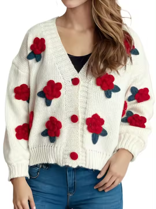 Suéteres de punto elegantes para mujer con cuello en V, flores bonitas, corte holgado, perfecto para citas - 1