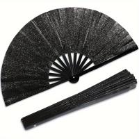 1 abanico de mano plegable negro brillante, tamaño grande, costillas de bambú portátiles, tela duradera, para EDM, danza, playa, decoración del hogar, fiesta, cumpleaños, accesorio de moda para mujer - details 0