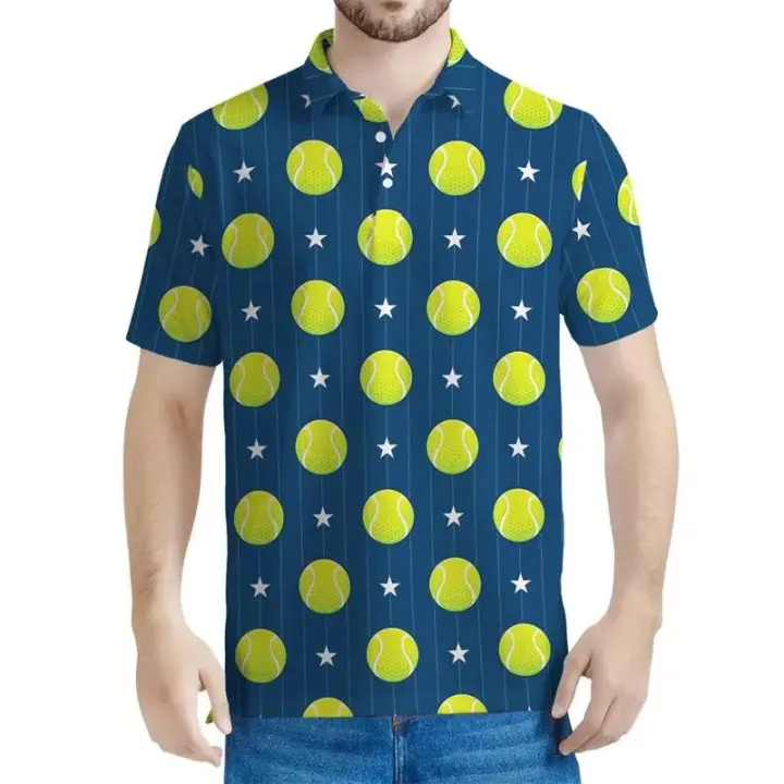Polo gráfico de raqueta de tenis para hombre, camiseta con estampado 3D, top de manga corta de gran tamaño, camiseta informal con botones, novedad de verano - 1