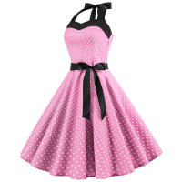 Vintage Women Summer Polka Dot Print Halter Party Dresses - details 24