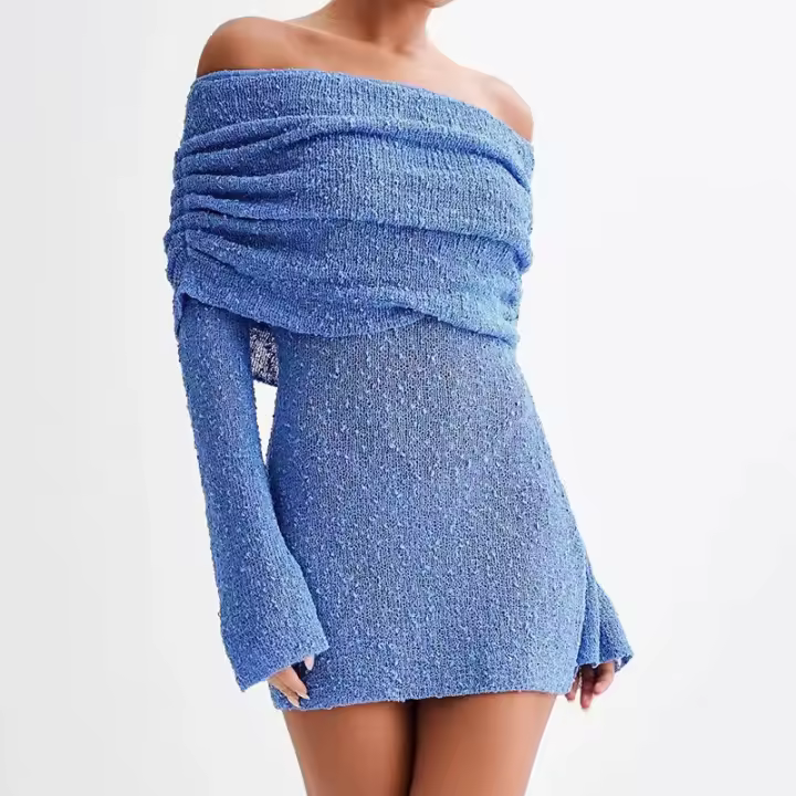 Colección Primavera 2025: Vestido Corto de Hombro Descubierto y Mangas Largas - 1