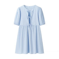 - Venta de verano de la temporada, camisas con cinturón de color puro para mujer, mini s de manga corta con cuello redondo, regular - details 4