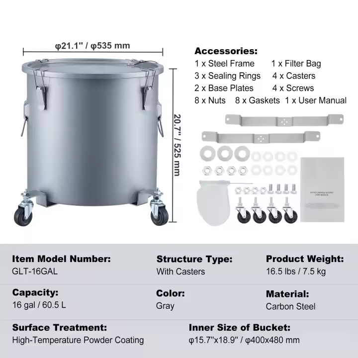 SucceBuy Cubo para grasa para freidora de 10 galones, carrito para eliminación de aceite con base con ruedas, acero al carbono, revestimiento a prueba de óxido, contenedor de transporte con tapa y bolsa de filtro, gris - 1