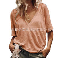 Bay Camiseta informal de manga corta con cuello en V profundo para mujer, nuevo estilo europeo y americano, top en seis colores en stock - details 1