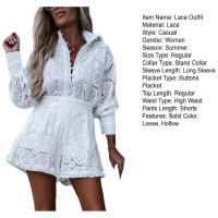 Conjunto de 2 unidades de blusa de manga larga para mujer, camisa de encaje hueco bordado de cintura alta con una hilera de botones, conjunto de pantalones cortos de pierna ancha para mujer - details 11