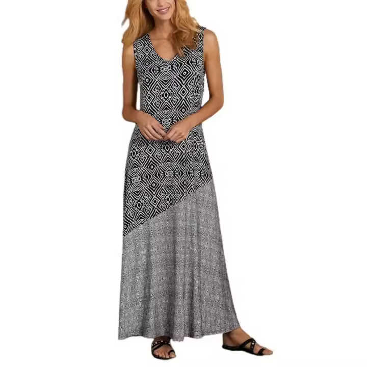 Vestido femenino informal de playa holgado con dobladillo ancho y cuello en V sin mangas estilo bohemio Vintage con estampado geométrico para mujer - 1