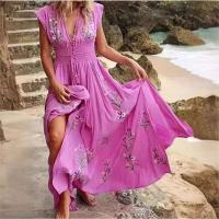 Nuevo vestido largo de verano para mujer con escote en V profundo y estampado bohemio para playa, sin mangas, de cintura alta, para vacaciones - details 2