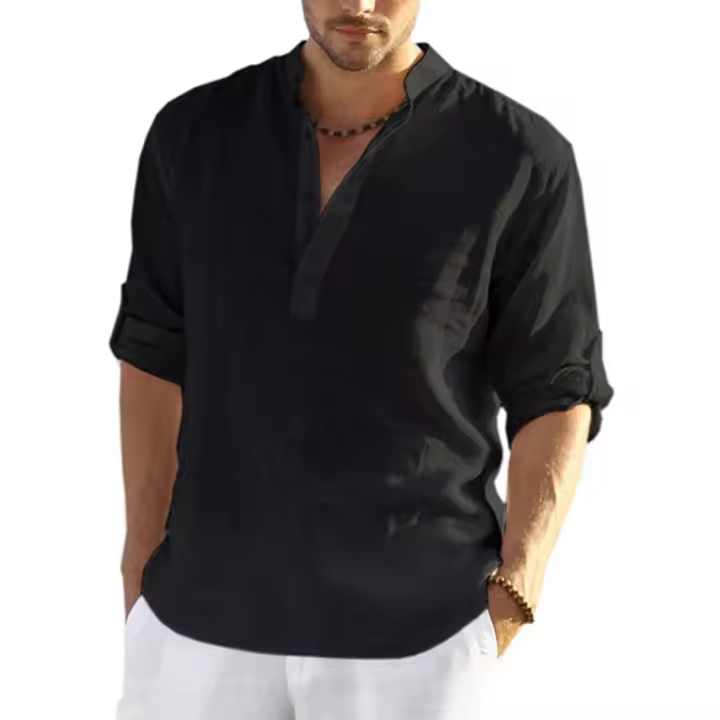 Camisa de lino suelta de manga larga para hombre, top casual, color sólido, camisa regular de verano - 1