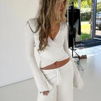 Conjunto de 2 piezas de pantalón superior para mujer, Top elegante con cuello en V y manga larga, pantalones con cintura elástica con cordones, trajes para mujer 2025 - details 18