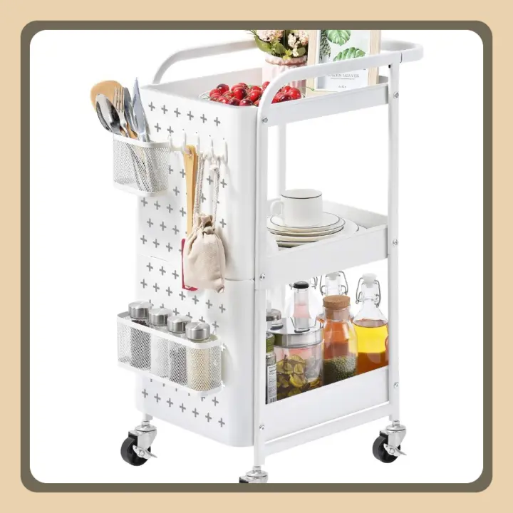 Carro de Almacenamiento, Carro rodante de 3 Niveles, Estante de Metal con Ganchos para Tablero de Clavijas, cestas con Ruedas, Estante de Almacenamiento móvil para Cocina hogar (Blanco) - 1