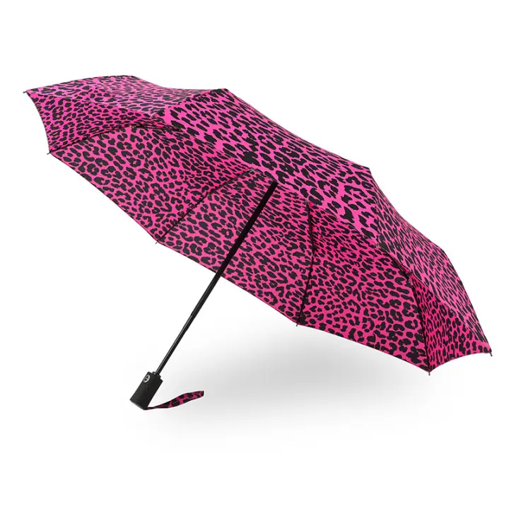 Paraguas Plegable de Metal Resistente al Viento y a la Lluvia Estampado de Leopardo y Mango Largo - 1