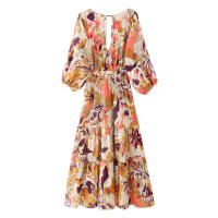 BUNO-mujeres moda Primavera Vintage impreso popelina vestidos largos con cuello en V midi francés elegante ropa de noche femenina - details 2