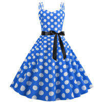 Vestido midi retro de fiesta con estampado de lunares, tirantes finos y cinturón para mujer - details 47