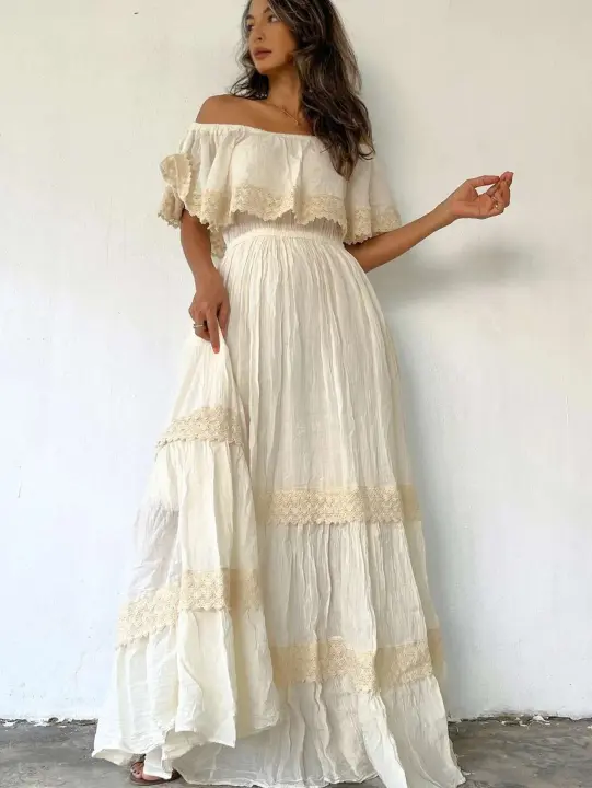 Elegante Vestido Maxi de Encaje Retro para Mujer Cuello en V Clásico con Mangas Aretes - 1