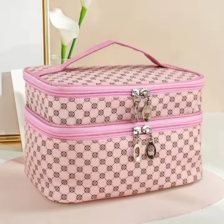 Bolsa de maquillaje grande para mujer con doble cremallera, organizador de viaje impermeable para cosméticos y toallitas, bolsa de baño. - 1