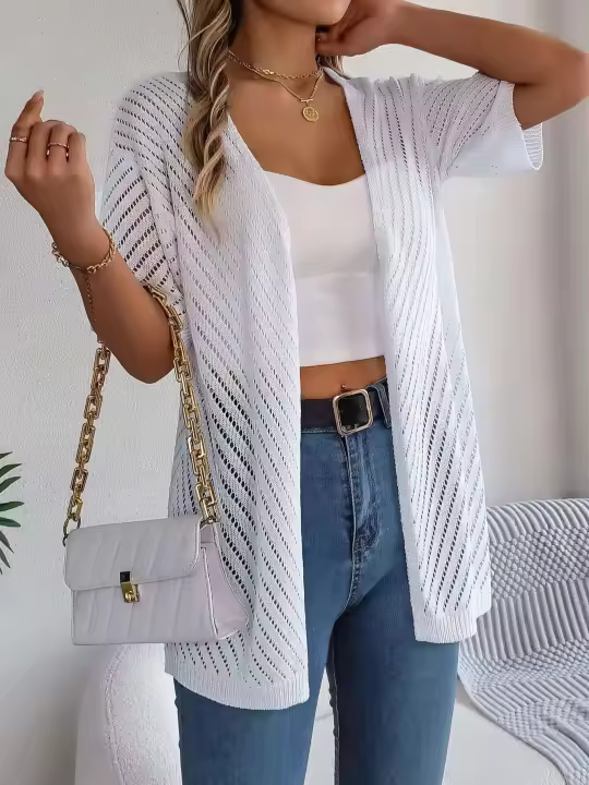 Cárdigans de punto de manga corta de color sólido casual para mujer - 1