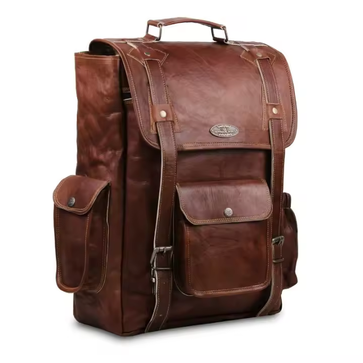 Mochila de cuero marrón genuino vintage hecha a mano para hombre, mochila de viaje, unisex - 1