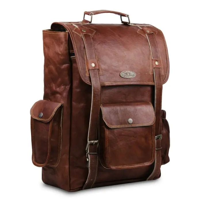 Mochila de cuero marrón genuino vintage hecha a mano para hombre, mochila de viaje, unisex - 1