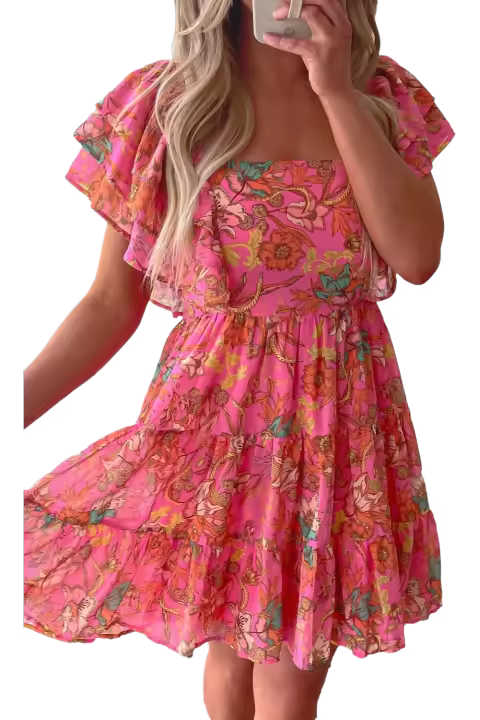 Elrachen Vestido floral con cuello cuadrado y mangas con volantes escalonados para mujer, rosa, tallas S-XL - 1