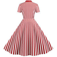 Polka dot print women summer short sleeve striped bow elegant vintage 50s party dress - details 13